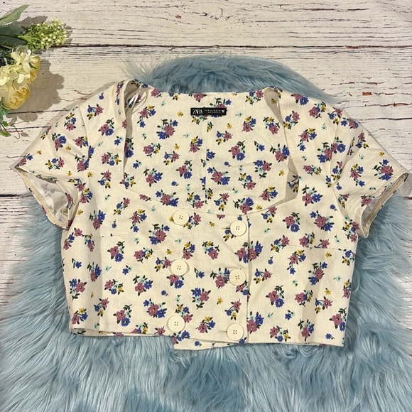 Zara Linen Blend Floral Crop Button Square Neck Top - Picture 2 of 7